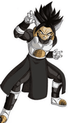 a cartoon character from dragon ball z is wearing a black and white outfit and a black cape .