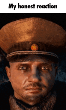 a man wearing a military hat with a red star on it is making a face .