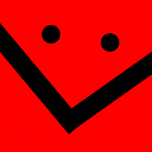 a red background with two black circles and a black line