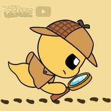 a cartoon of a detective looking through a magnifying glass with the words christopher 's genie behind him