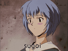 a picture of a girl with blue hair and the word sugoi below her