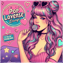 a girl with pink and blue hair is licking a lollipop in front of a sign that says pop lovers lounge