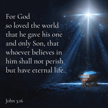 a bible verse from john 3:16 with a picture of jesus in a manger