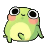 a green frog with big eyes and a pink cheek is sitting down .
