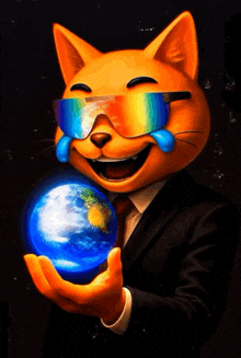 a cartoon cat wearing sunglasses is holding a glowing earth