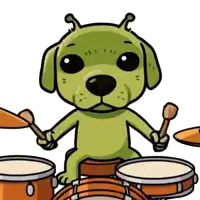 a cartoon of a dog playing drums with drumsticks