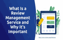 a man holding a card in front of a tablet that says " what is a review management service and why it 's important "