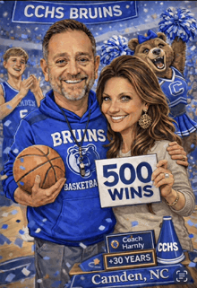 a painting of a man and woman holding a basketball and a sign that says 500 wins