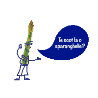 a cartoon of an asparagus with a speech bubble that says te scot la o sparanghelie