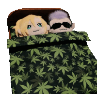 two stuffed animals laying on a bed with a marijuana leaf blanket