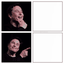 elon musk is making a funny face and pointing at something with his finger .