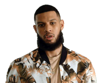 a man with a beard is wearing a jacket with a floral print