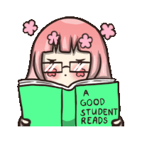 a girl with pink hair is reading a book that says " a good student reads "