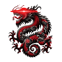 a red and black dragon on a white background with a red light behind it