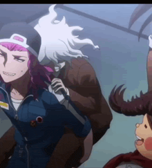a girl with pink hair is holding a microphone in front of a man