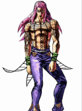 a drawing of a man with pink hair and a letter j in the background