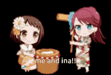 two anime girls are standing next to each other with the words me and ina on the bottom