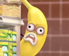 a cartoon banana with a surprised look on its face is peeking out from behind a refrigerator .