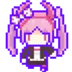 a pixel art of a girl with pink hair and a purple jacket .