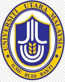 a blue and yellow logo for universiti utara malaysia with a shield