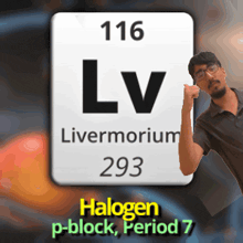 a man giving a thumbs up in front of a sign that says livermorium 293 halogen p-block period 7