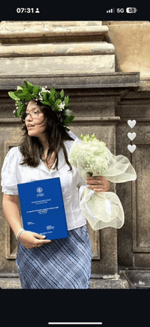 a woman holding a bouquet of flowers and a diploma with the time of 07:21