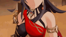 a close up of a female anime character with a red top and black hair