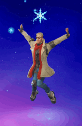 a man in a coat and scarf is jumping in the air with his arms outstretched and a snowflake in the background