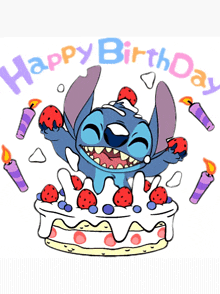 a birthday card with stitch on a cake with candles and the words happy birthday