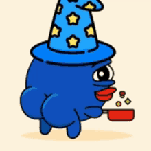 a blue cartoon character wearing a wizard hat is holding a pot