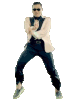 a man in a tuxedo and bow tie is dancing on a white background .