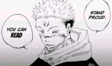 a black and white drawing of a man with a speech bubble that says you can read