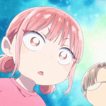 a girl with pink hair looks up at the sky