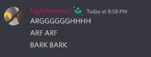 a screenshot of a discord conversation between hightlumber and arf arf