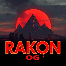 a logo for rakon og with a mountain in the background and a red moon behind it .