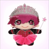 a stuffed toy with a tiara and a wand has the word angel on the bottom right