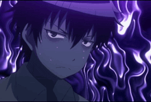 a close up of a person 's face with purple flames behind him