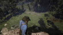 a man in a cowboy hat is standing on top of a rock in a field .