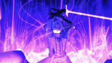 a purple background with a person holding a sword in their hands