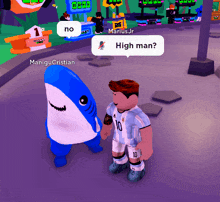 marius jr says high man in a speech bubble next to a stuffed shark