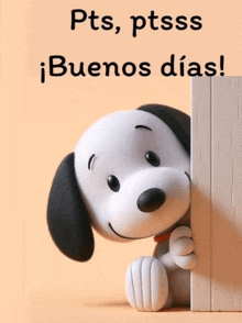 snoopy peeking out from behind a wall with the words " pts , ptsss buenos dias " above him