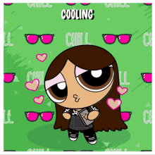 a cartoon girl is holding a cell phone with the words cooling chill on the bottom