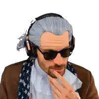 a man wearing a wig and headphones has his hand to his chin