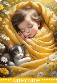 a painting of a baby wrapped in a yellow blanket sleeping next to a cat