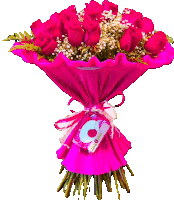 a bouquet of pink roses is wrapped in pink paper and has a tag that says ' rosa ' on it