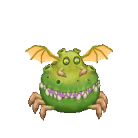 a cartoon drawing of a green monster with wings and purple teeth