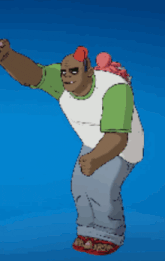 a cartoon character with a green and white shirt is standing on a blue background