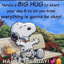 a picture of snoopy and woodstock on a bench with a happy tuesday message