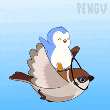 a penguin is riding on the back of a sparrow with the word pengu in the background