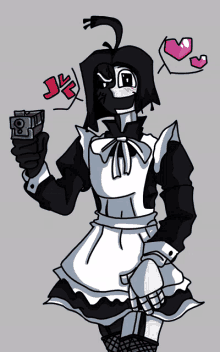 a drawing of a girl in a maid outfit holding a gun and hearts